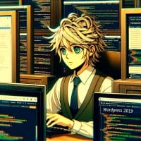 Imagine in anime "seraph of the end" like look, showing an anime boy with messy blond hair and green eyes working in Agentur für Content-Marketing mit Wordpress.