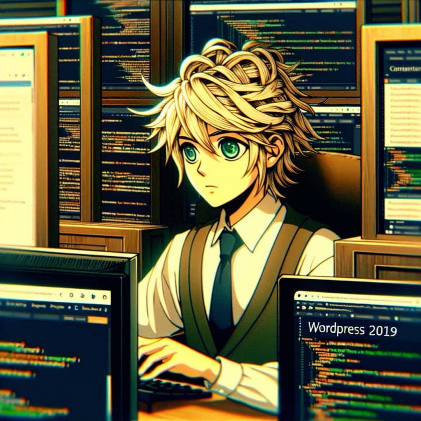 imagine in anime seraph of the end like look showing an anime boy with messy blond hair and green eyes working in agentur fuer content marketing mit wordpress