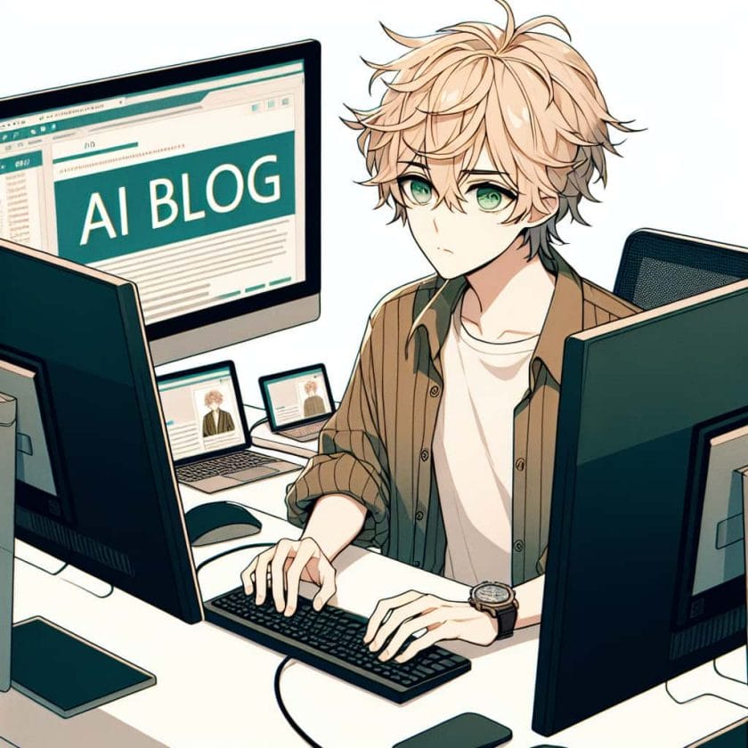 imagine in anime seraph of the end like look showing an anime boy with messy blond hair and green eyes working in ai blog fuer ihre website