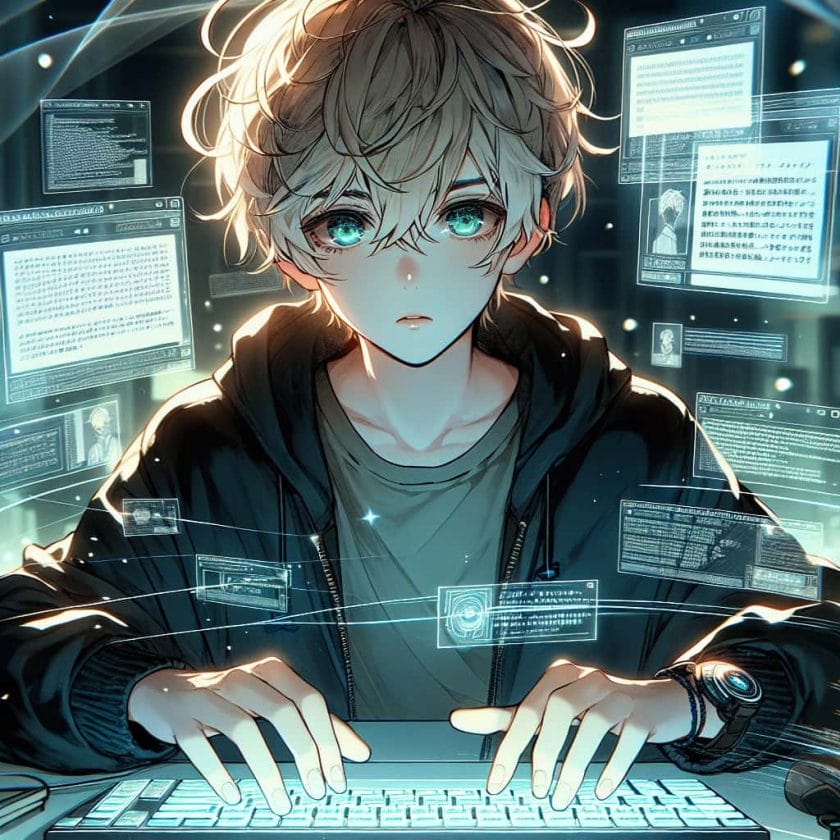 imagine in anime seraph of the end like look showing an anime boy with messy blond hair and green eyes working in ai blog schreibdienst