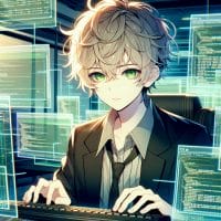 Imagine in anime "seraph of the end" like look, showing an anime boy with messy blond hair and green eyes working in AI Blogbeitragsgenerator.