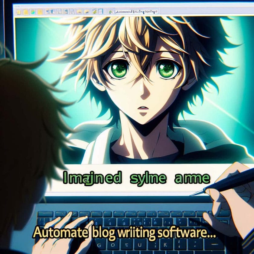 imagine in anime seraph of the end like look showing an anime boy with messy blond hair and green eyes working in automatisierte blog schreibsoftware
