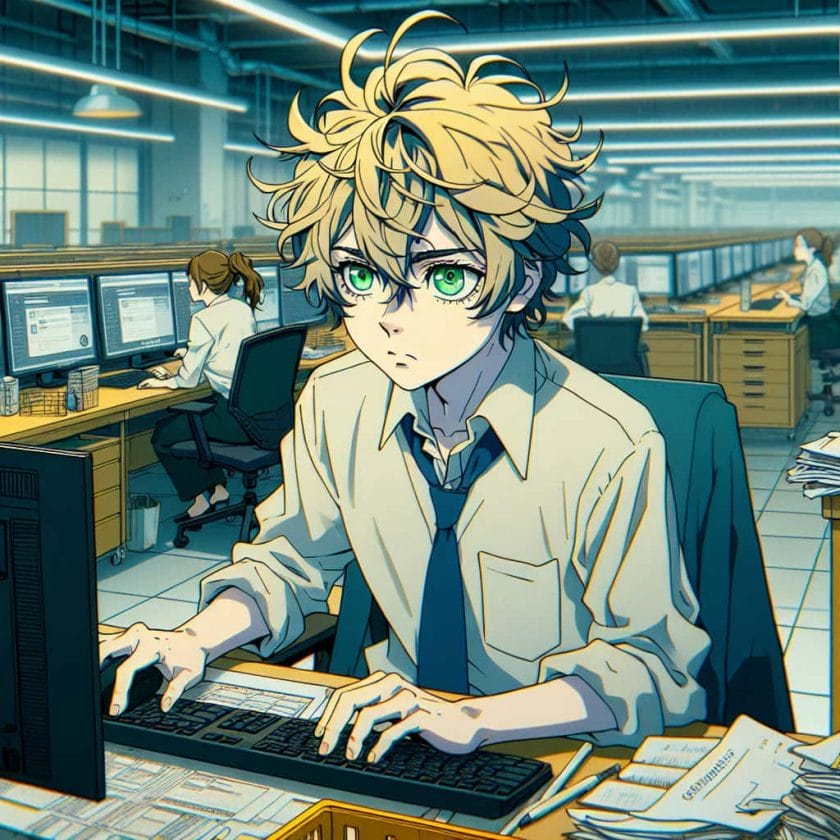imagine in anime seraph of the end like look showing an anime boy with messy blond hair and green eyes working in automatisierte blogging loesungen