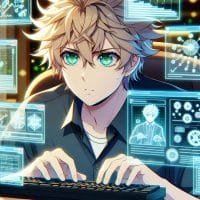 Imagine in anime "seraph of the end" like look, showing an anime boy with messy blond hair and green eyes working in Blog-Inhalts-KI-Schreiber.