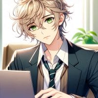 Imagine in anime "seraph of the end" like look, showing an anime boy with messy blond hair and green eyes working in Blog-Schreib-KI-Tool.