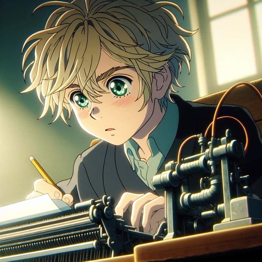 imagine in anime seraph of the end like look showing an anime boy with messy blond hair and green eyes working in blog schreibroboter