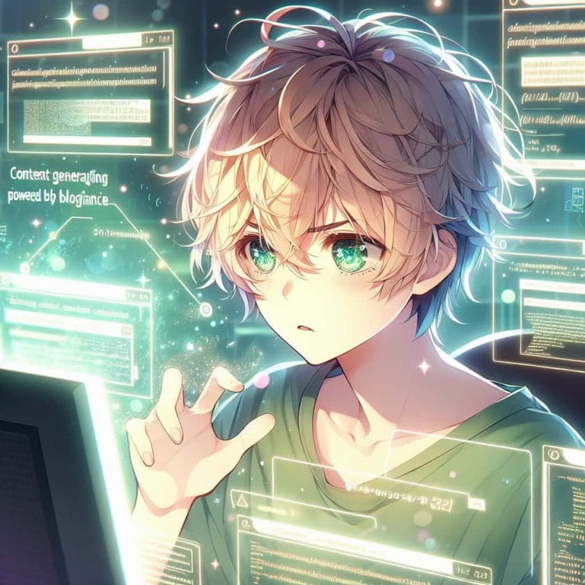 imagine in anime seraph of the end like look showing an anime boy with messy blond hair and green eyes working in content erstellung fuer blogging mit ki