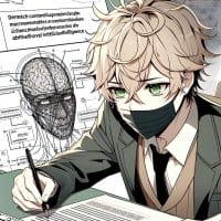 Imagine in anime "seraph of the end" like look, showing an anime boy with messy blond hair and green eyes working in Deutsche KI-Inhalte schreiben.