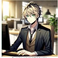 Imagine in anime "seraph of the end" like look, showing an anime boy with messy blond hair and green eyes working in Deutsche KI-Inhalteerstellung.