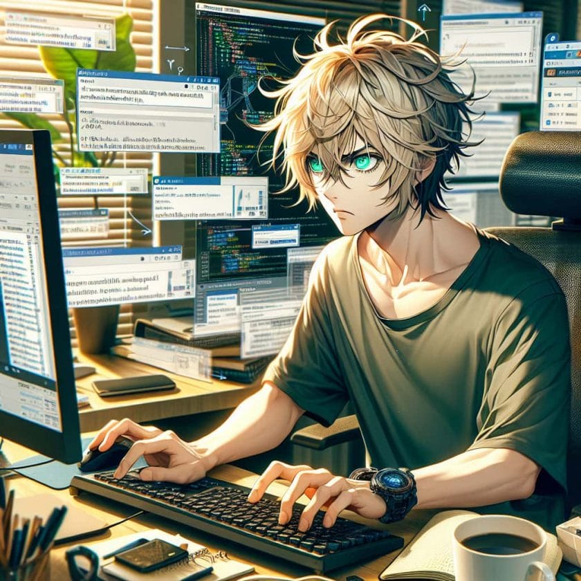 imagine in anime seraph of the end like look showing an anime boy with messy blond hair and green eyes working in ki gesteuerte blog inhalteerstellung