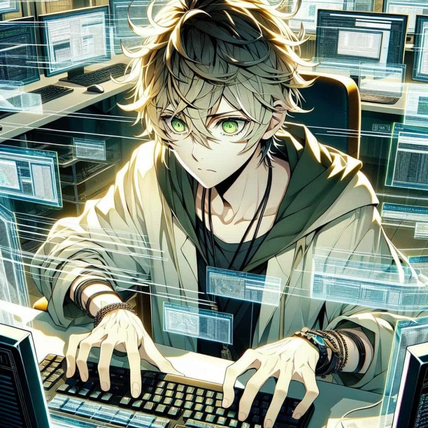 imagine in anime seraph of the end like look showing an anime boy with messy blond hair and green eyes working in ki gesteuerte blogging plattform