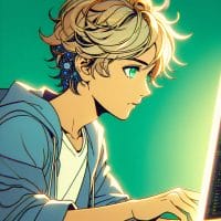 Imagine in anime "seraph of the end" like look, showing an anime boy with messy blond hair and green eyes working in KI-gesteuerter Blog-Inhalte-Generator.