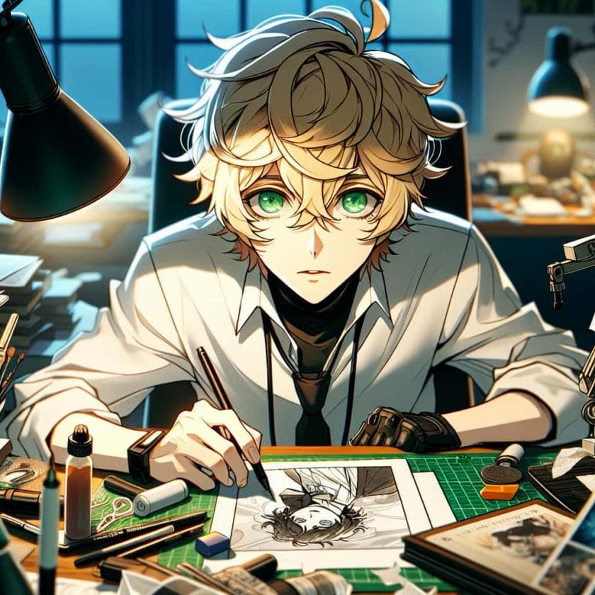 imagine in anime seraph of the end like look showing an anime boy with messy blond hair and green eyes working in ki inhalteerstellungsservice fuer blogs