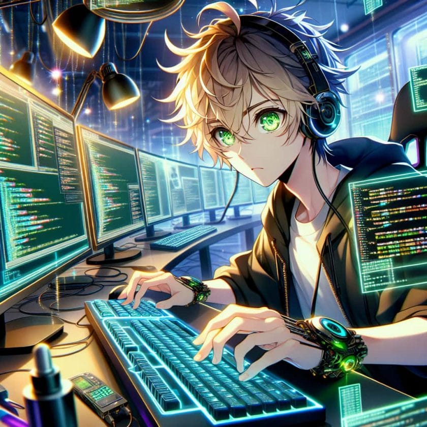 imagine in anime seraph of the end like look showing an anime boy with messy blond hair and green eyes working in kuenstliche intelligenz blogging plattform