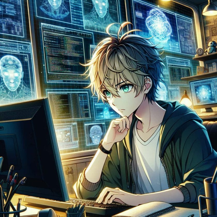 imagine in anime seraph of the end like look showing an anime boy with messy blond hair and green eyes working in kuenstliche intelligenz inhalte fuer ihren blog