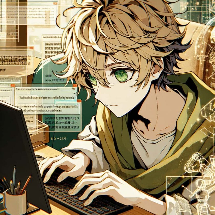 imagine in anime seraph of the end like look showing an anime boy with messy blond hair and green eyes working in maschinelles lern blog schreibdienst