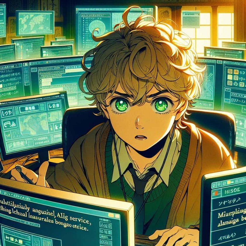 imagine in anime seraph of the end like look showing an anime boy with messy blond hair and green eyes working in multilingualer ki blog service