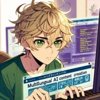 Imagine in anime "seraph of the end" like look, showing an anime boy with messy blond hair and green eyes working in Multilinguales KI-Inhaltsverfassen.