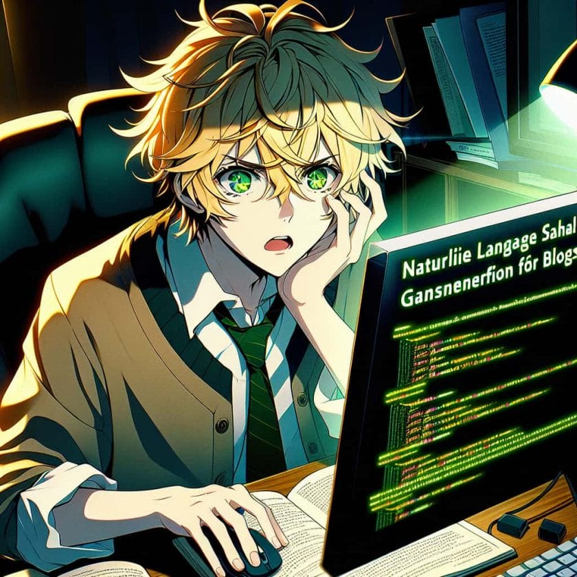 imagine in anime seraph of the end like look showing an anime boy with messy blond hair and green eyes working in natuerliche sprachgenerierung fuer blogs