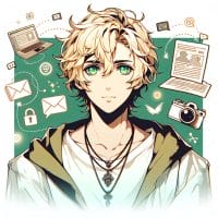 Imagine in anime "seraph of the end" like look, showing an anime boy with messy blond hair and green eyes working in Virtueller Inhaltsautor für Blogs.