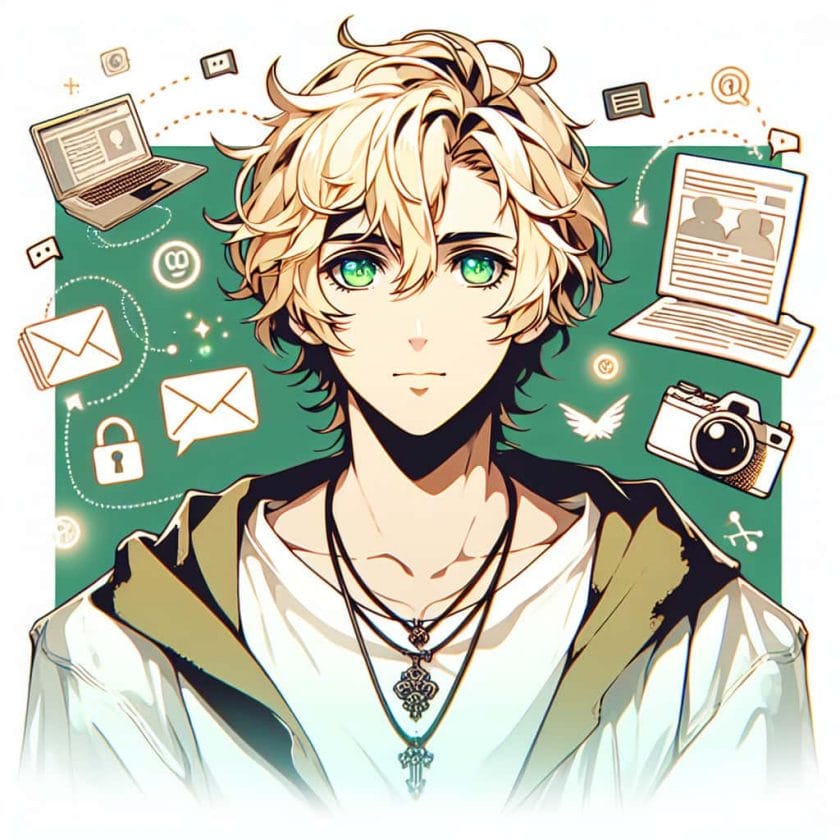 imagine in anime seraph of the end like look showing an anime boy with messy blond hair and green eyes working in virtueller inhaltsautor fuer blogs