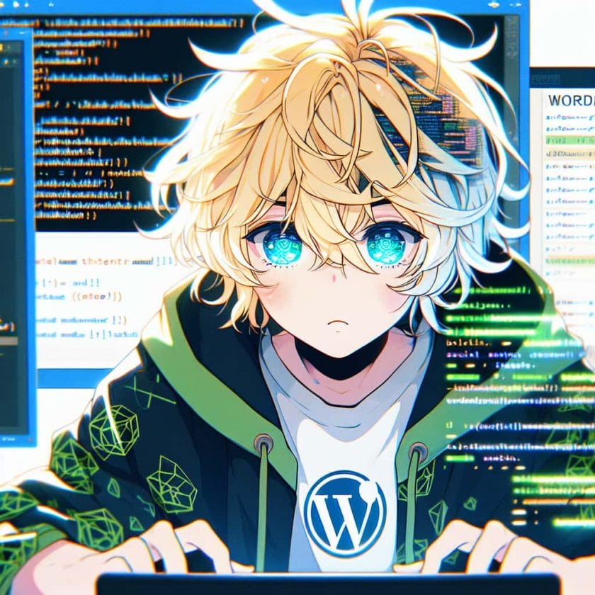 imagine in anime seraph of the end like look showing an anime boy with messy blond hair and green eyes working in wordpress ki blog