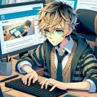 Imagine in anime "seraph of the end" like look, showing an anime boy with messy blond hair and green eyes working in Wordpress KI-Inhaltsverfassung.